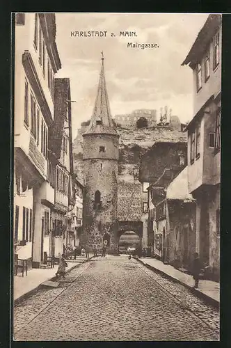 AK Karlstadt a. Main, Blick in die Maingasse mit Turm und Ruine