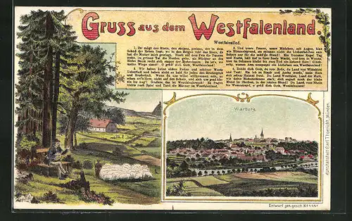Lithographie Warburg / Westfalen, Ortsansicht, Westfalenlied