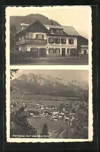 AK Wallgau, Gasthaus Mayr, Ortsansicht mit Wetterstein