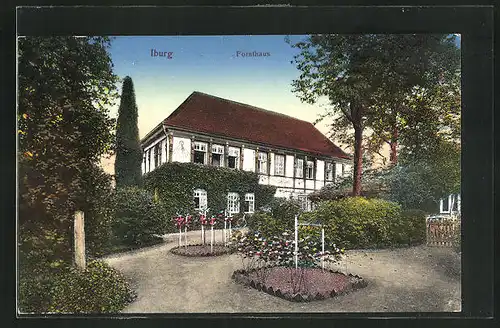 AK Iburg, Blick zum Forsthaus mit idyllischer Gartenpartie