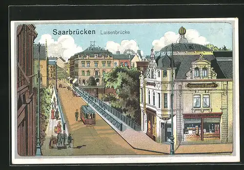 AK Saarbrücken, Ortspartie mit Luisenbrücke, Strassenbahn