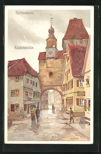 Künstler-AK Karl Mutter: Rothenburg / Tauber, Passanten bei Regen am Roederbogen