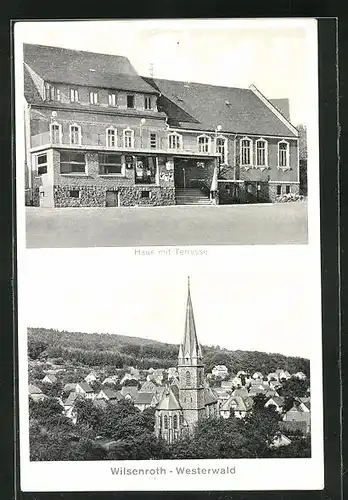 AK Wilsenroth / Westerwald, Gasthaus zur Schönen Aussicht, Panorama mit Kirchturm