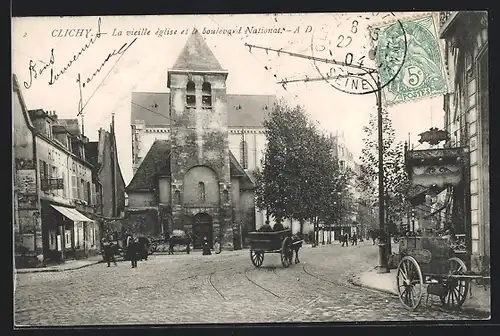 AK Clichy, La vieille èglise et le boulevard National