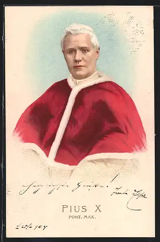 AK Papst Pius X. mit rotem Mantel, Halbportrait
