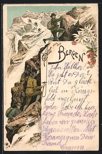 Lithographie Gruppe Bergsteiger erklimmt Berg