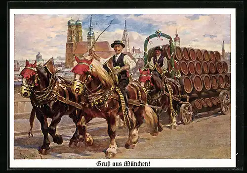 AK München, Pferdekarren transportiert Bierfässer