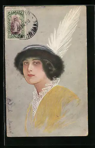 AK Dame mit Federhut, Art Deco