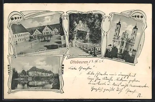 AK Ottobeuren, Marktplatz, Kosterkirche, Amtsgericht, Lourdesgrotte
