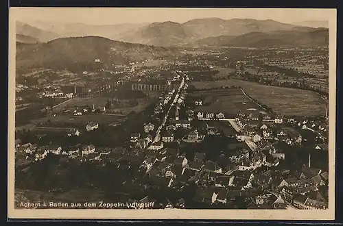 AK Achern i. Baden, Fliegeraufnahme des Ortes aus dem Zeppelin-Luftschiff