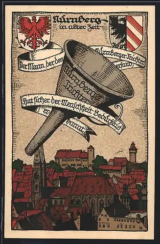 Steindruck-AK Nürnberg, Teilansicht mit Nürnberger Trichter