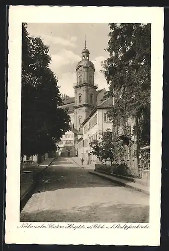 AK Neckarsulm, Untere Hauptstrasse mit Blick a. d. Stadtpfarrkirche