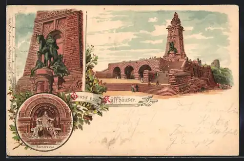 Lithographie Kyffhäuser, Kyffhäuserdenkmal, Barbarossa