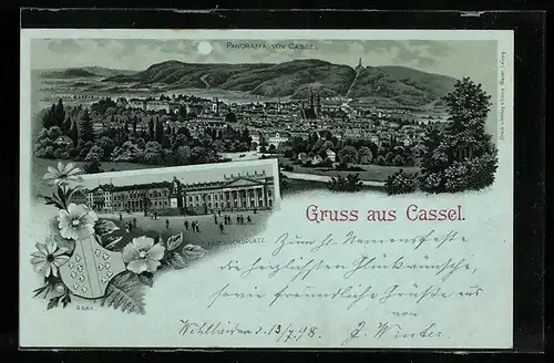Mondschein-Lithographie Kassel, Panorama und Friedrichsplatz, Wappen