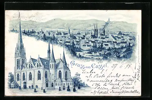 Lithographie Kassel, Blick auf die Stadt und Kirche