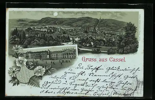 Mondschein-Lithographie Kassel, Panorama und Friedrichsplatz, Wappen