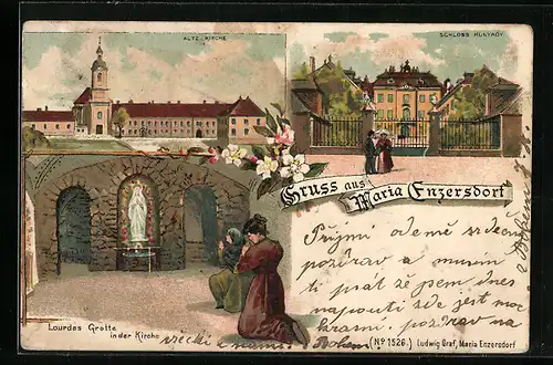 Lithographie Maria Enzersdorf, Alte Kirche, Schloss Hunyady, Lourdes Grotte in der Kirche