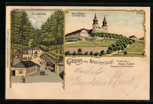 Lithographie Krummnussbaum, Steinbründl, Ortspartie und Maria Taferl mit Bussweg