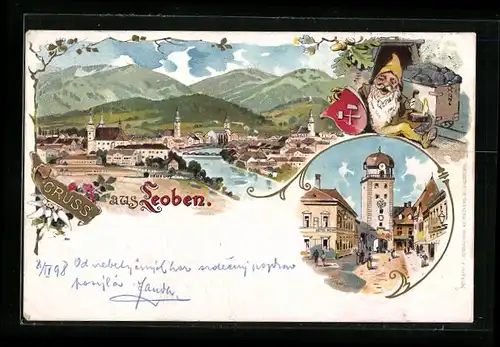 Lithographie Leoben, Ortsansicht, Ortspartie und Zwerg als Bergmann