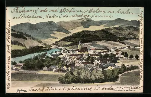 Künstler-AK Pyhra, Totalansicht von einem Berg aus