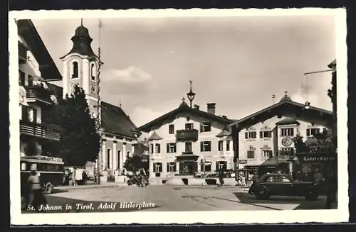 AK St. Johann, Strassenpartie mit Hotel-Bären und Kirche