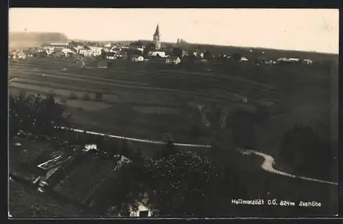 AK Hellmonsödt, Ortsansicht mit Kirche aus der Vogelschau