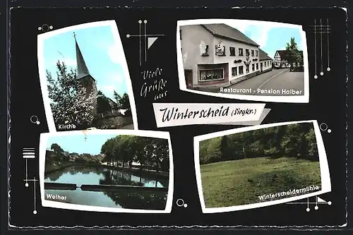AK Winterscheid / Siegkr., Weiher, Kirche, Restaurant Halber, Winterscheidermühle