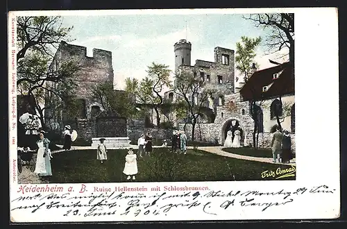 AK Heidenheim a. B., Ruine Hellenstein mit Schlossbrunnen