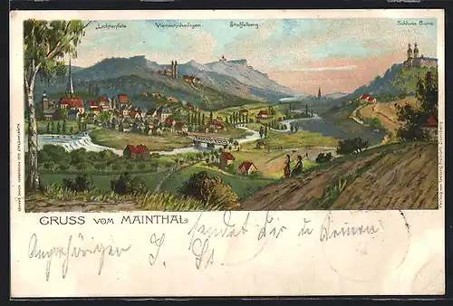 Lithographie Vierzehnheiligen, Totale mit Schloss Banz und Staffelberg