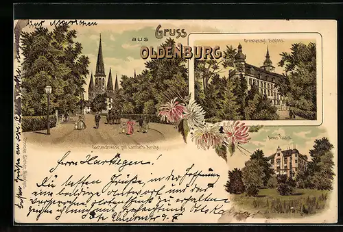 Lithographie Oldenburg, Gartenstrasse mit Lamberti Kirche, Grossherzogl. Schloss, Neues Palais