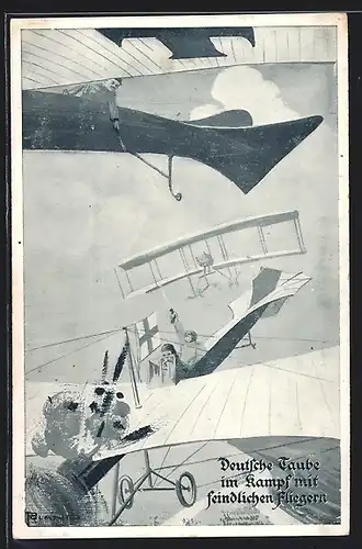 AK Flugzeug, Deutsche Taube im Kampf m. feindlichen Fliegern