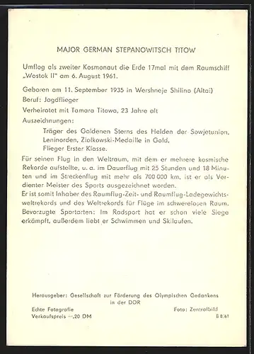 AK Major German Stepanowitsch Titow, Sowjetischer Kosmonaut