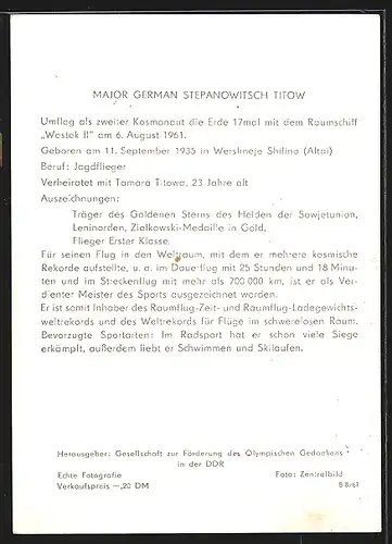 AK Major German Stepanowitsch Titow, Sowjetischer Kosmonaut im Raumschiff Wostok II