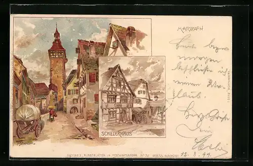 Künstler-Lithographie P. Schmohl: Marbach, Schillerhaus