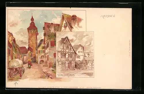 Künstler-Lithographie P. Schmohl: Marbach, Schillerhaus