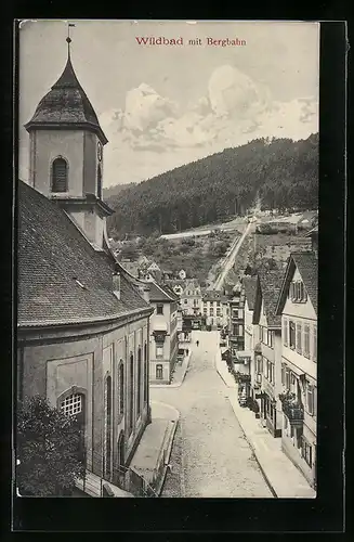 AK Wildbad, Ortsansicht mit Bergbahn