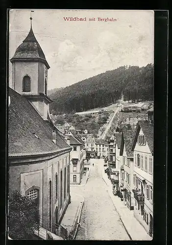 AK Wildbad, Ortsansicht mit Bergbahn