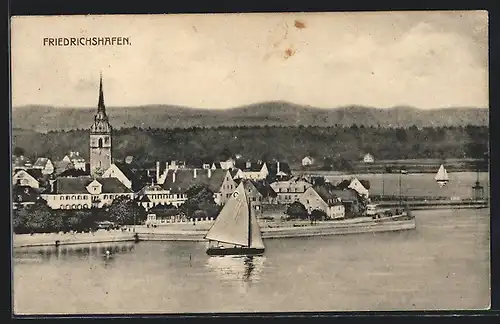 AK Friedrichshafen a. B., Teilansicht mit Segelboot