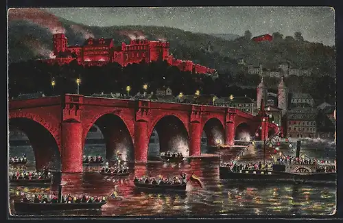 AK Heidelberg, Beleuchtete Brücke und Schloss bei Nacht