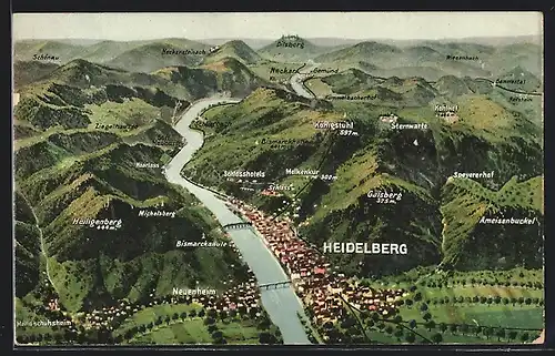 Künstler-AK Heidelberg, Landkarte mit Heidelberg und Umgebung, Neuenheim und Heiligenberg