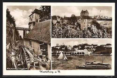 AK Meersburg a. B., Alte Mühle und Schloss, Wasserpartie mit Segelboot