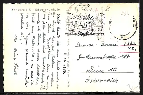 AK Karlsruhe, Ortsansicht mit Schwarzwaldhalle