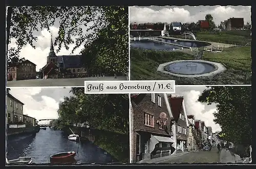 AK Horneburg /N. E., Ortspartien, Kirchenansicht, Flusspartie