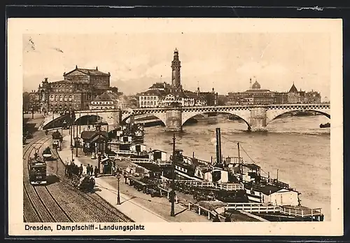 AK Dresden, Strassenbahn passiert den Dampfschiff-Landungsplatz