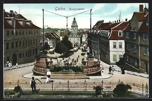 AK Gotha, Hauptmarkt mit Brunnen