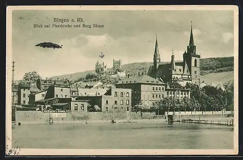 AK Bingen a. Rh., Blick auf Pfarrkirche und Burg Klopp
