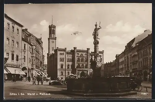 AK Zittau, Markt und Rathaus, Brunnen
