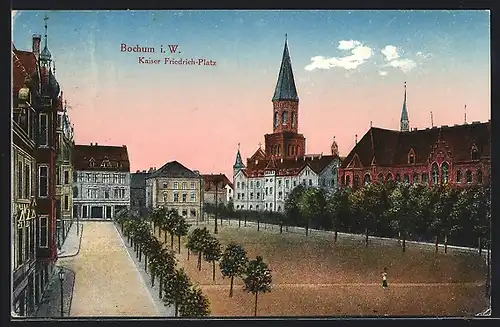 AK Bochum, Kaiser Friedrich-Platz mit Blick auf Kirche