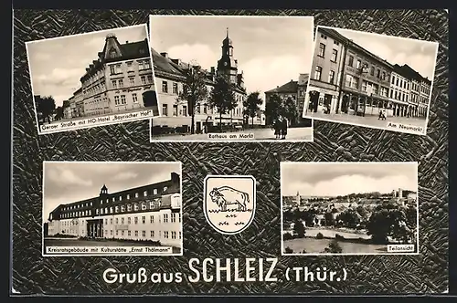 Passepartout-AK Schleiz /Th., Rathaus, Teilansicht, Neumarkt, Wappen