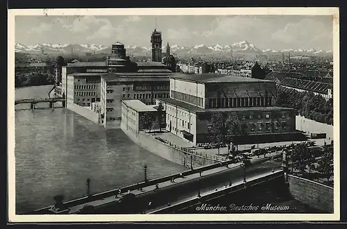 AK München, Deutsches Museum vor Bergpanorama